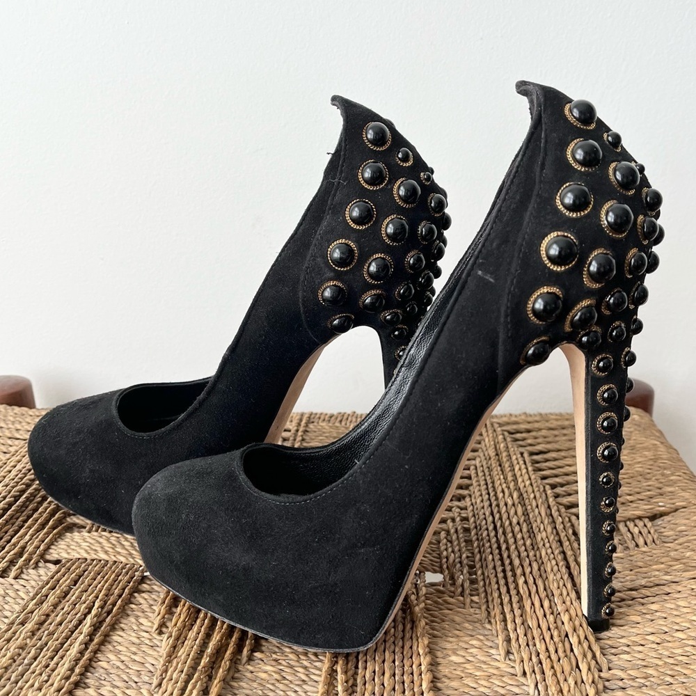 Brian Atwood Shoes Women’s 6.5 Black Suede Studded Platform Pump Heels